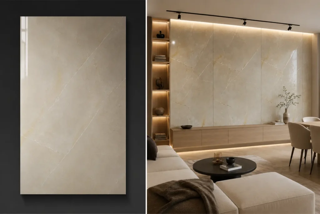 Breccia Sarda na ścianie w sypialni płyta węglowa SPC błyszcząca 280x122 cm