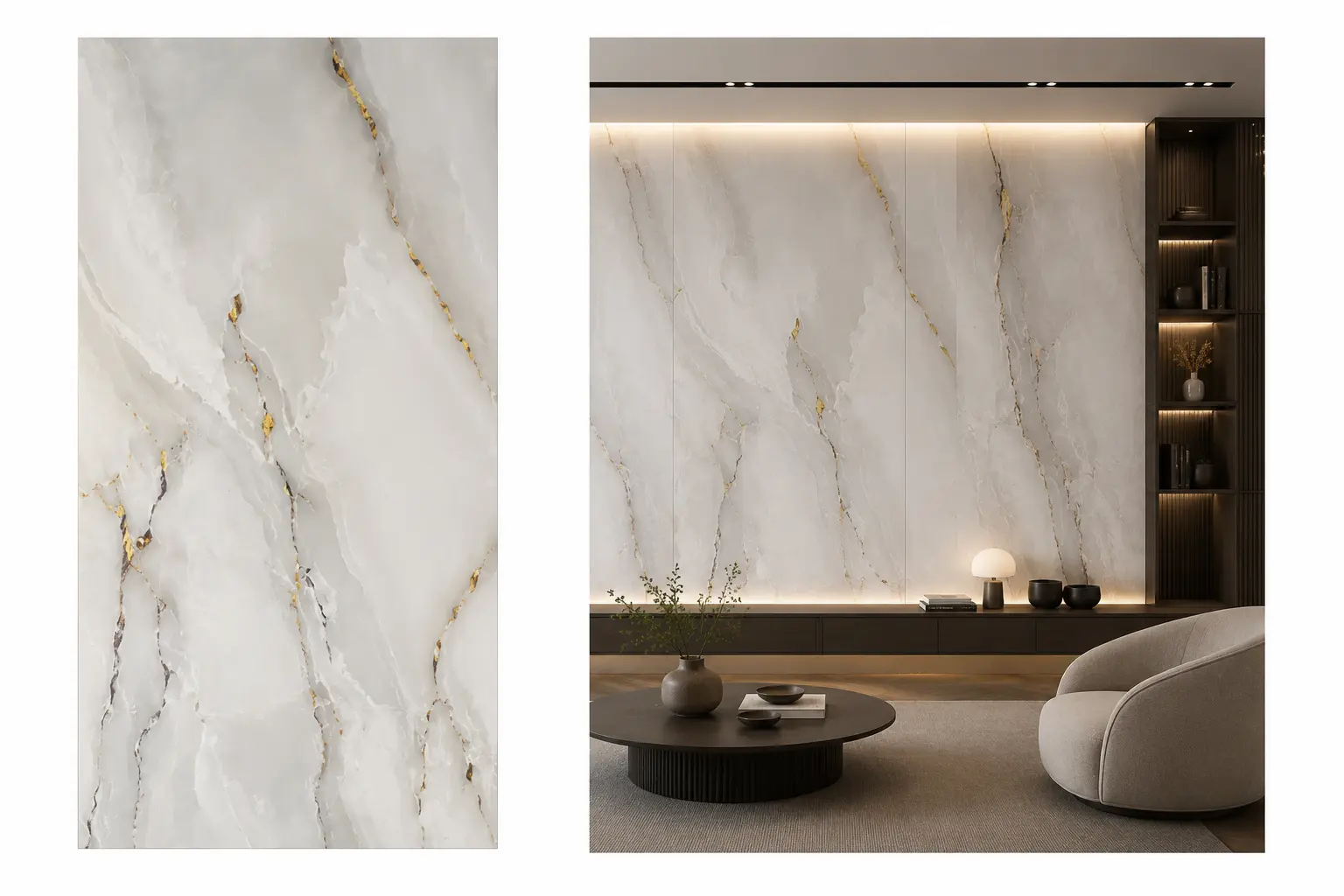 Calacatta Gold na ścianie w salonie — płyta węglowa SPC matowa 280x122 cm