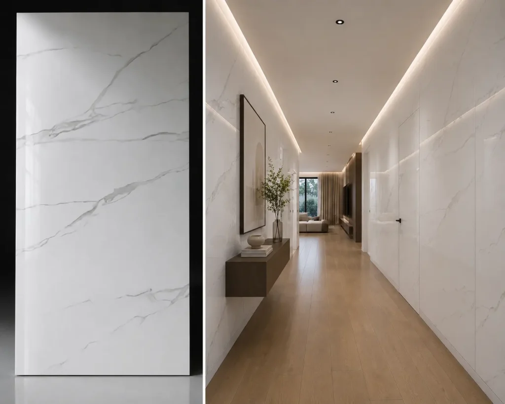 Calacatta White na ścianie w łazience — płyta węglowa SPC błyszcząca 280x122 cm