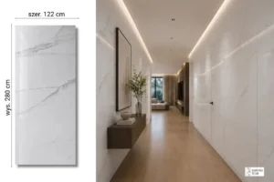Calacatta White na ścianie w łazience — płyta węglowa SPC błyszcząca 280x122 cm