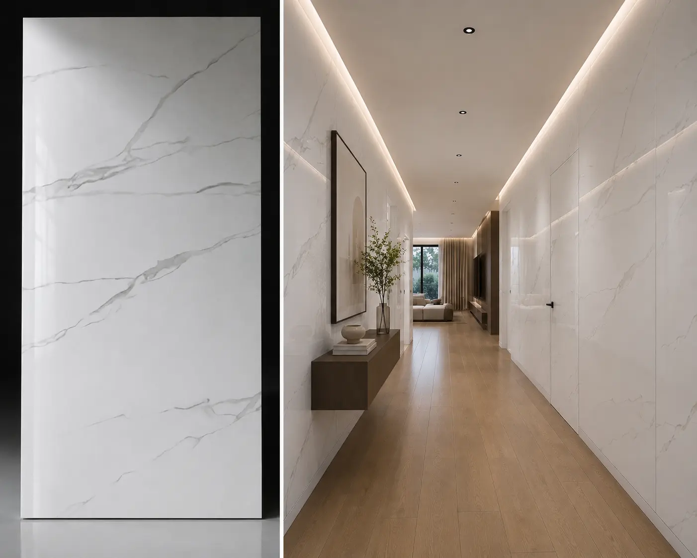 Calacatta White na ścianie w łazience — płyta węglowa SPC błyszcząca 280x122 cm