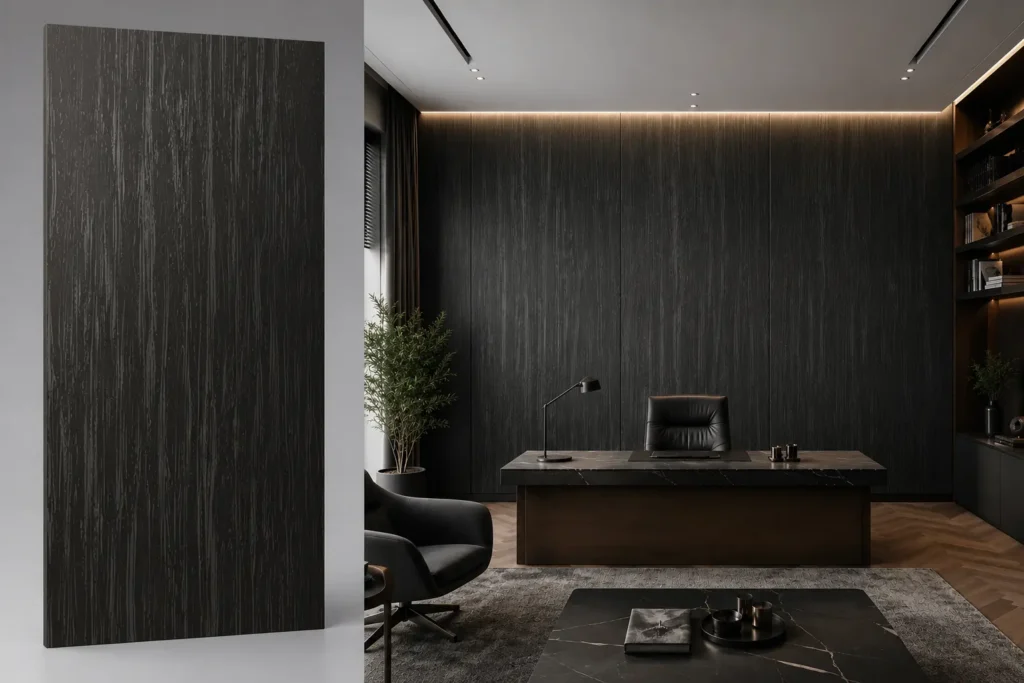 Cosmopolitan na ścianie w biurze płyta węglowa SPC matowa 280x122 cm