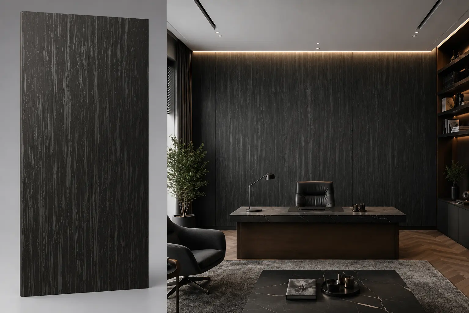 Cosmopolitan na ścianie w biurze płyta węglowa SPC matowa 280x122 cm