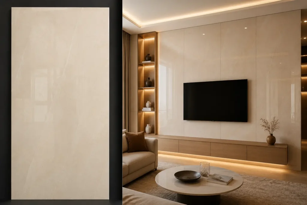 Crema Marfil na ścianie w salonie — płyta węglowa SPC błyszcząca 280x122 cm