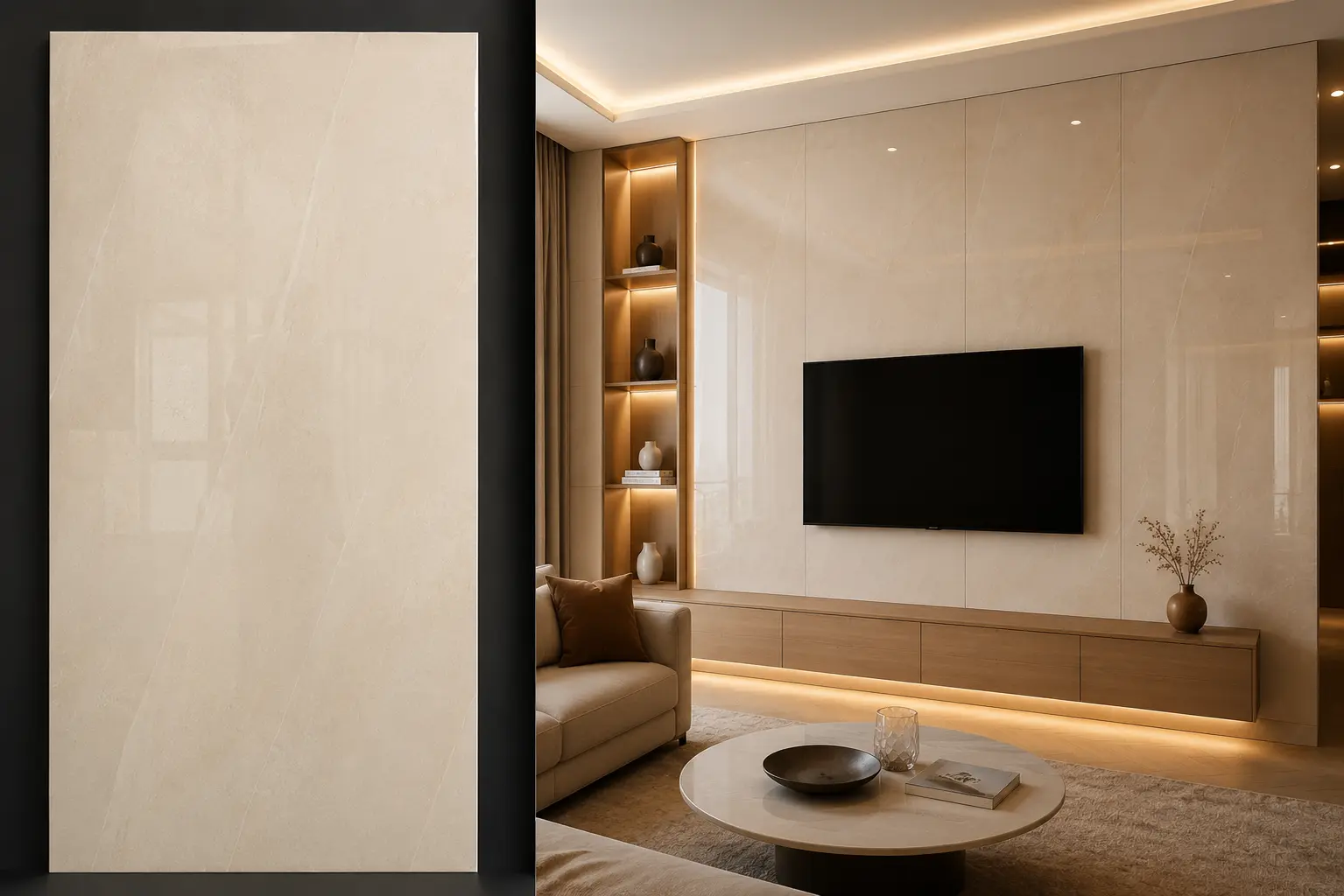 Crema Marfil na ścianie w salonie — płyta węglowa SPC błyszcząca 280x122 cm