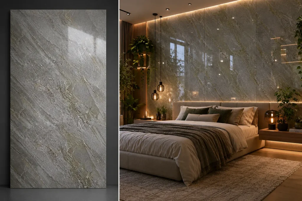 Mainstone Moon na ścianie w sypialni — płyta węglowa SPC błyszcząca 280x122 cm