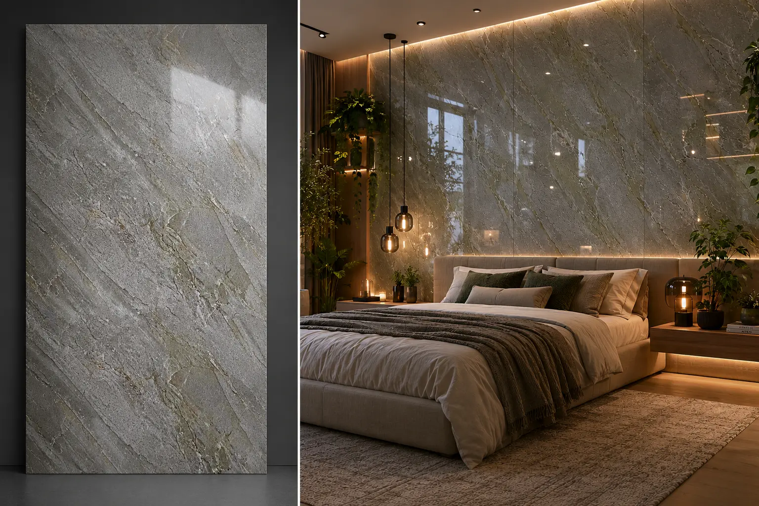 Mainstone Moon na ścianie w sypialni — płyta węglowa SPC błyszcząca 280x122 cm