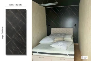 Nero Marquina Gold na ścianie w sypialni — płyta węglowa SPC matowa 280x122 cm