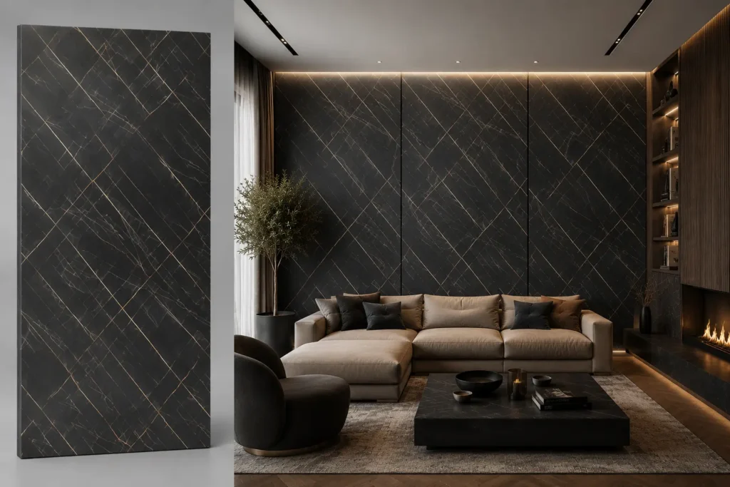 Nero Marquina Gold na ścianie w salonie — płyta węglowa SPC matowa 280x122 cm