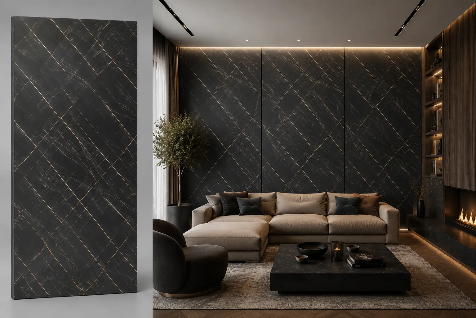 Nero Marquina Gold na ścianie w salonie — płyta węglowa SPC matowa 280x122 cm