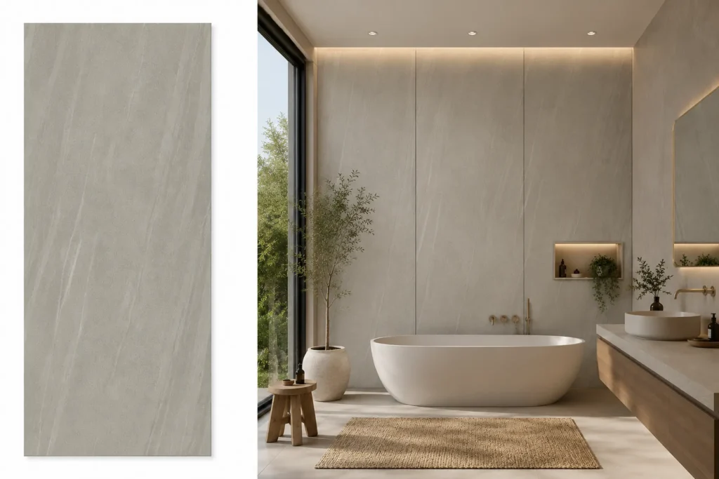 Arena Grey na ścianie w łazience — płyta węglowa SPC matowa 280x122 cm