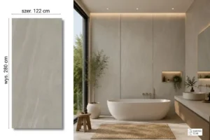 Arena Grey na ścianie w łazience — płyta węglowa SPC matowa 280x122 cm