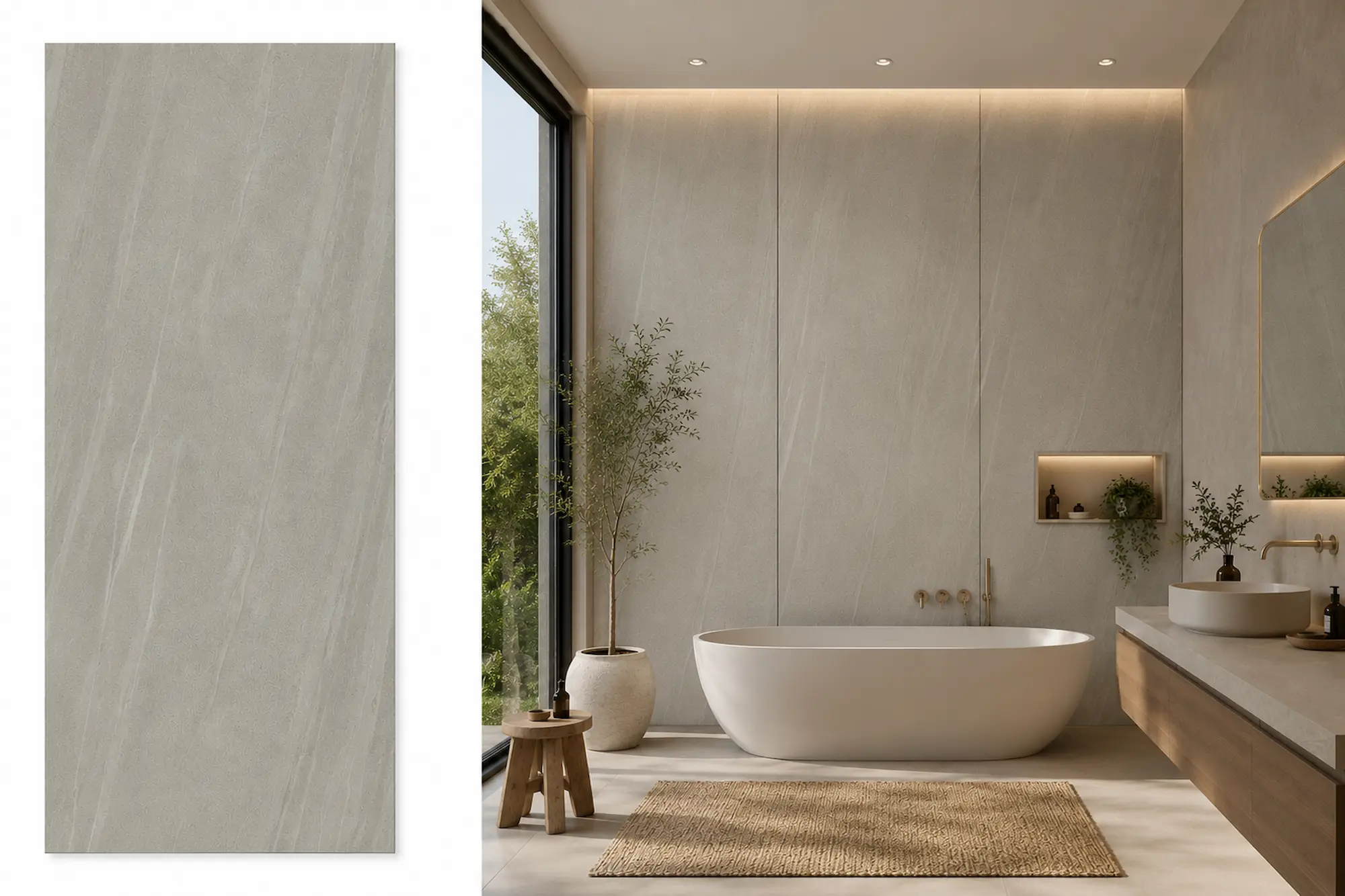 Arena Grey na ścianie w łazience — płyta węglowa SPC matowa 280x122 cm