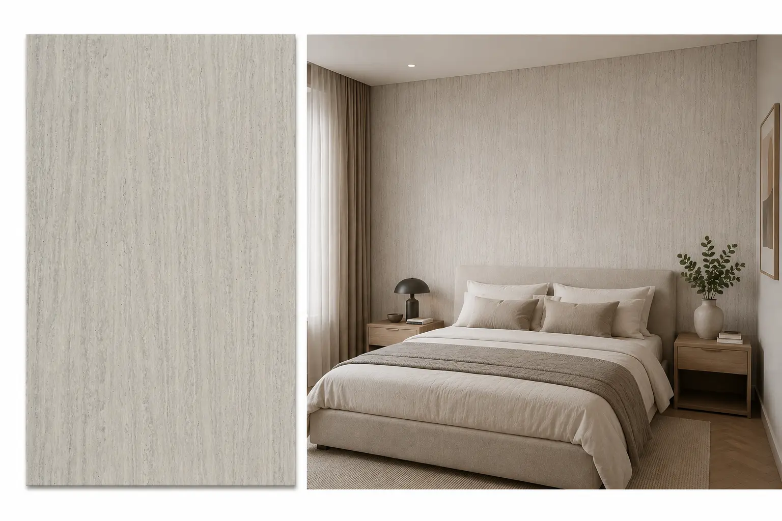 Bianco Dolomit na ścianie w sypialni — płyta węglowa SPC matowa 280x122 cm