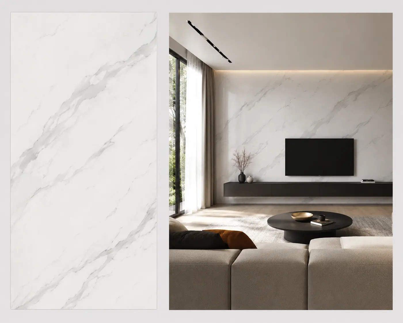 Calacatta Classic na ścianie w salonie płyta węglowa SPC matowa 280x122 cm