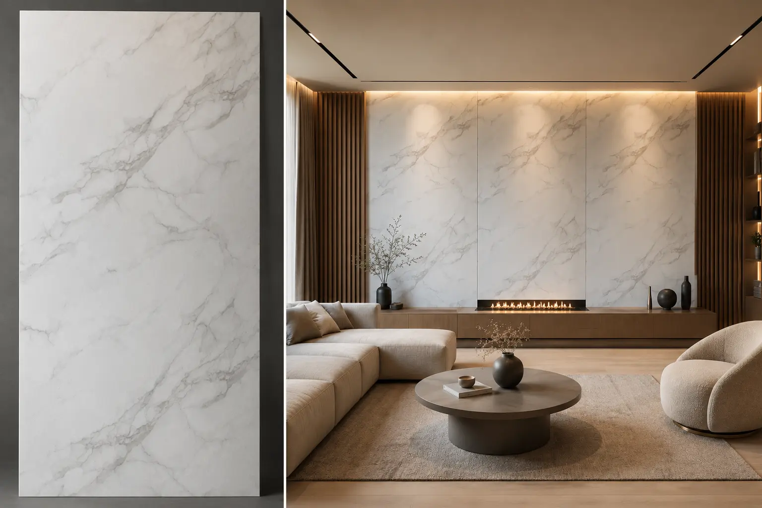 Carrara Blanco na ścianie w salonie — płyta węglowa SPC matowa 280x122 cm