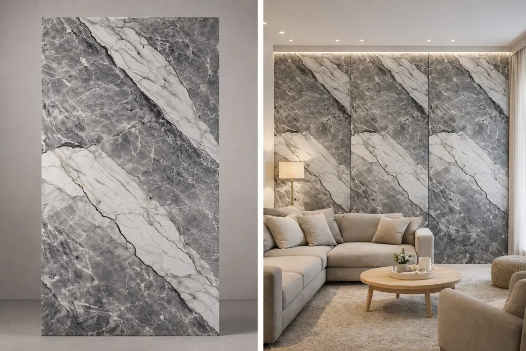Elegant Grey na ścianie w salonie — płyta węglowa SPC błyszcząca 280x122 cm