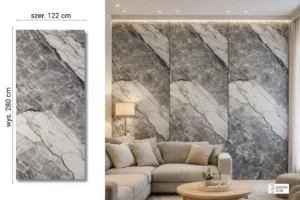 Elegant Grey na ścianie w salonie — płyta węglowa SPC błyszcząca 280x122 cm