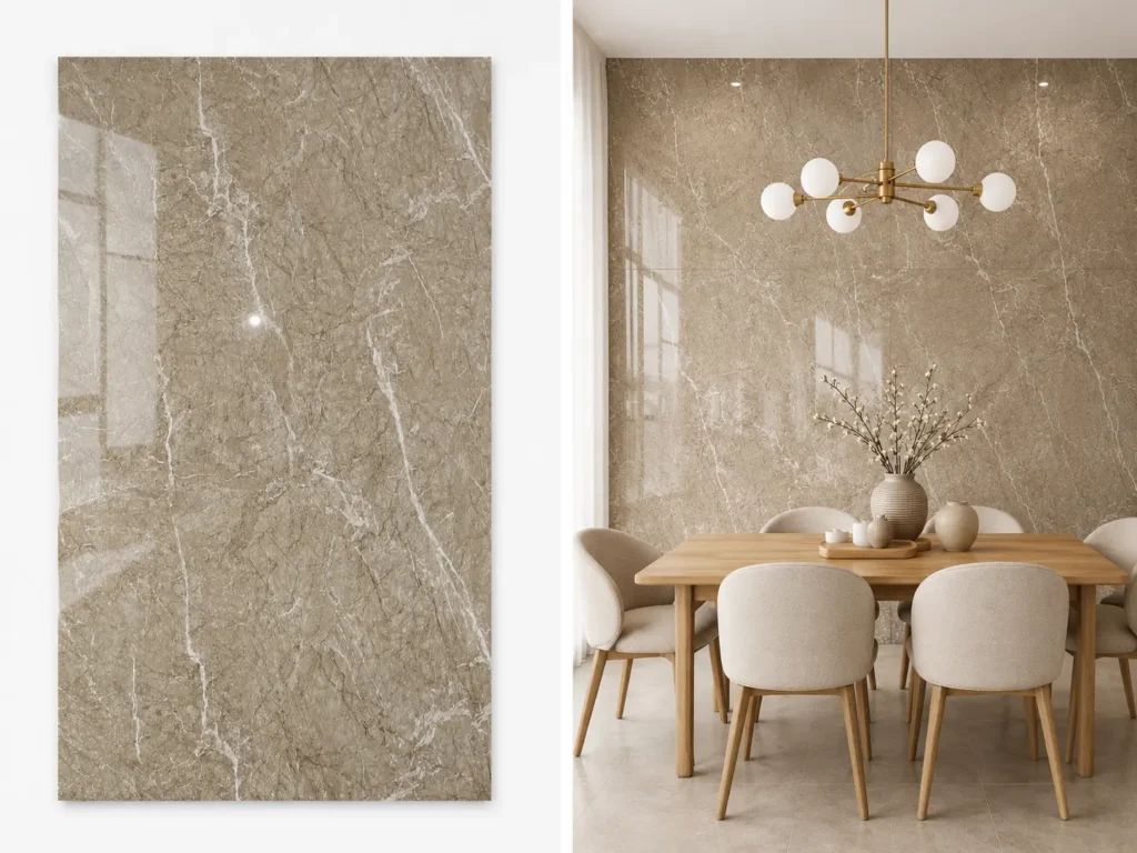 Emparador Grey na ścianie w jadalni płyta węglowa SPC błyszcząca 280x122 cm