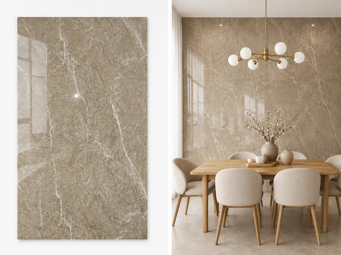 Emparador Grey na ścianie w jadalni płyta węglowa SPC błyszcząca 280x122 cm