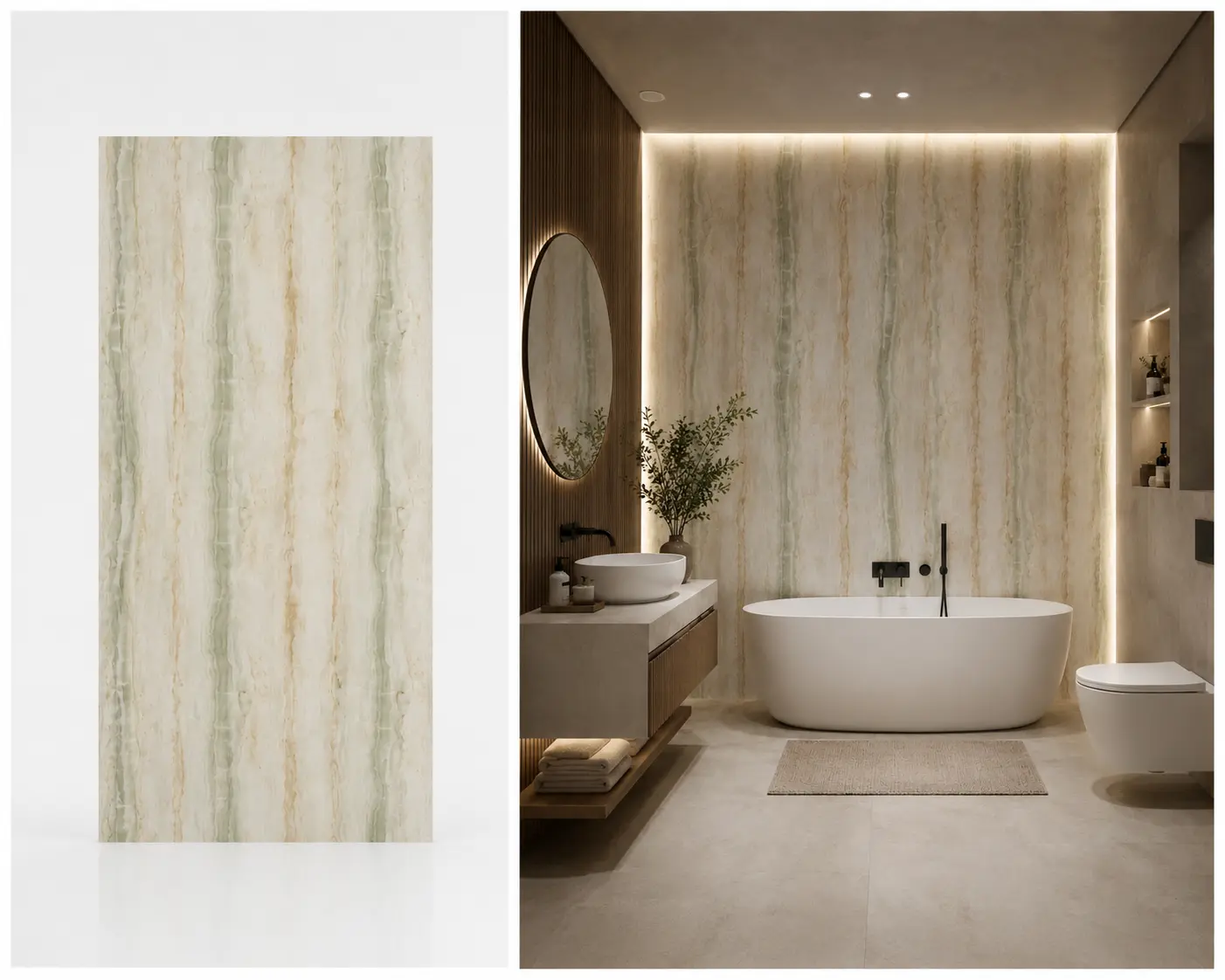 Green Marble na ścianie w łazience — płyta węglowa SPC matowa 280x122 cm