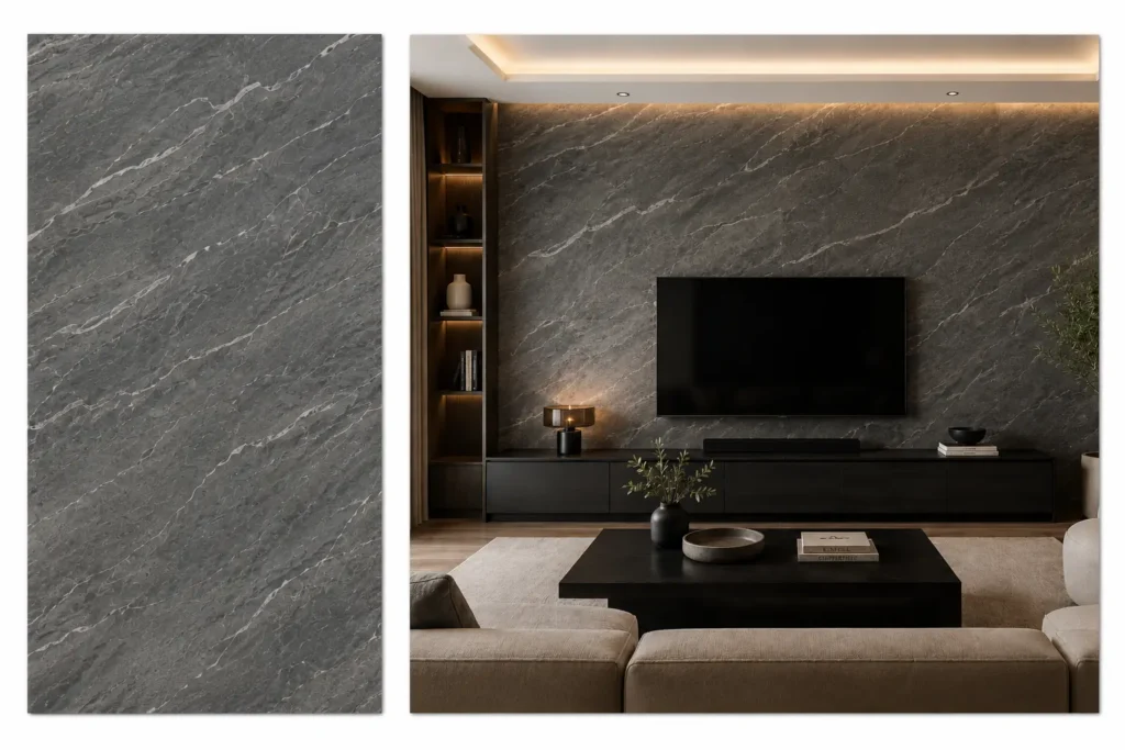 Majestic Dark na ścianie w salonie — płyta węglowa SPC matowa 280x122 cm