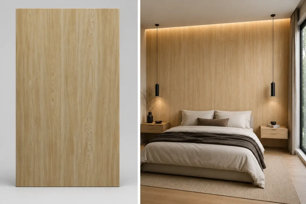 Natural Wood na ścianie w sypialni — płyta węglowa SPC matowa 280x122 cm