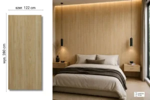 Natural Wood na ścianie w sypialni — płyta węglowa SPC matowa 280x122 cm