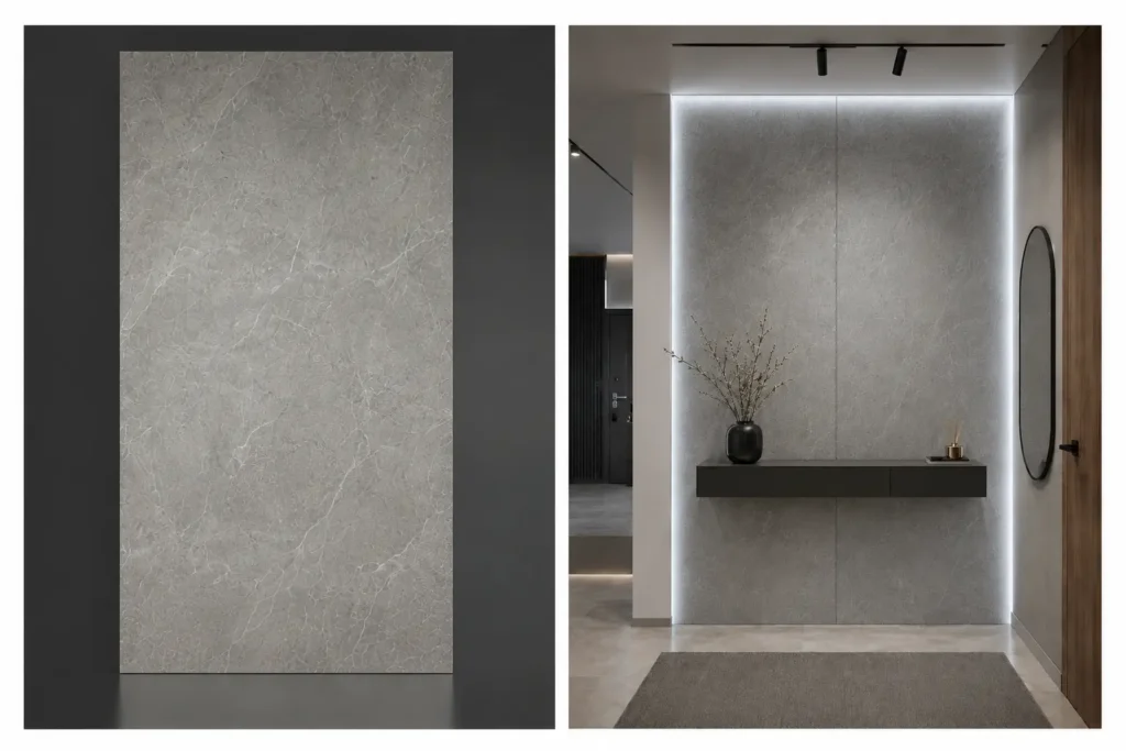 Skyros Silver Light na ścianie w salonie — płyta węglowa SPC matowa 280x122 cm