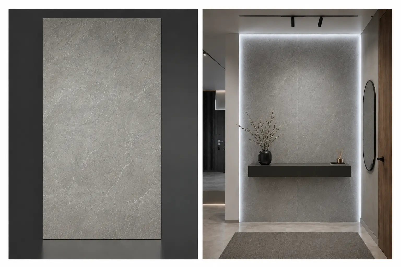 Skyros Silver Light na ścianie w salonie — płyta węglowa SPC matowa 280x122 cm