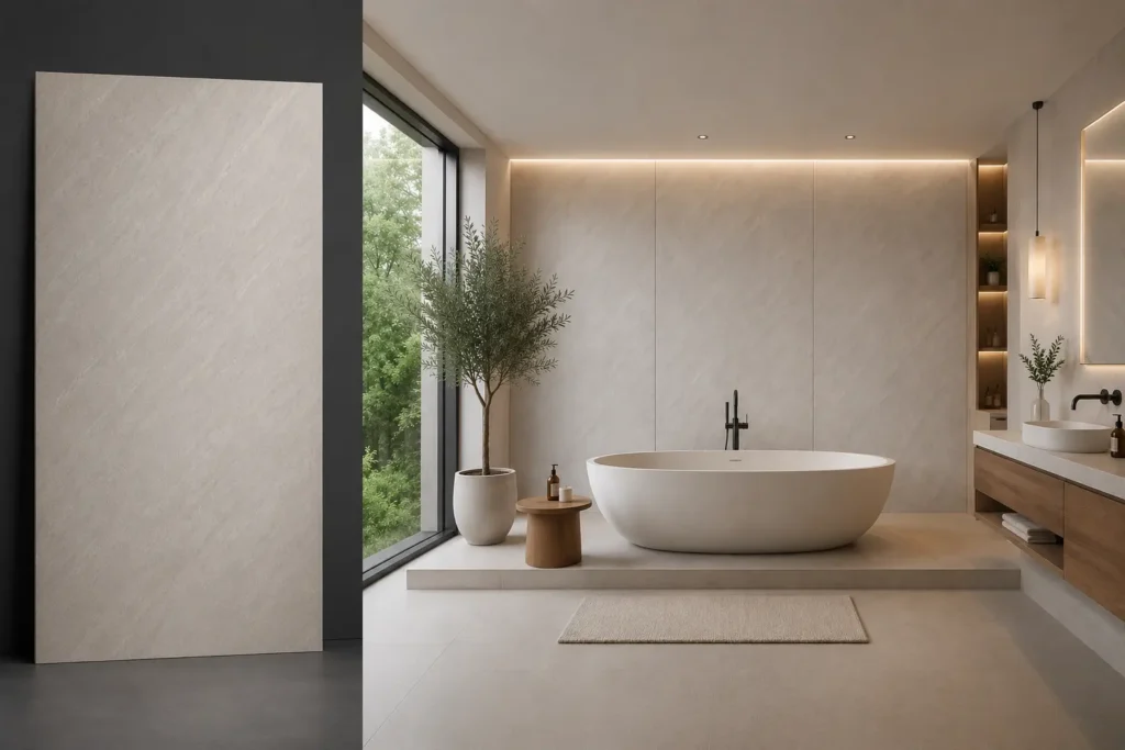 Thassos White na ścianie w łazience — płyta węglowa SPC matowa 280x122 cm