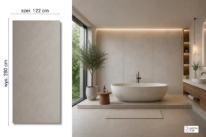 Thassos White na ścianie w łazience — płyta węglowa SPC matowa 280x122 cm