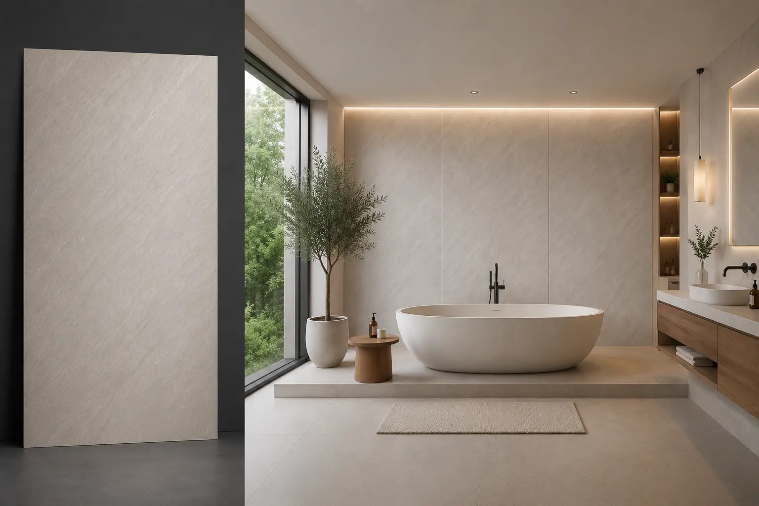 Thassos White na ścianie w łazience — płyta węglowa SPC matowa 280x122 cm