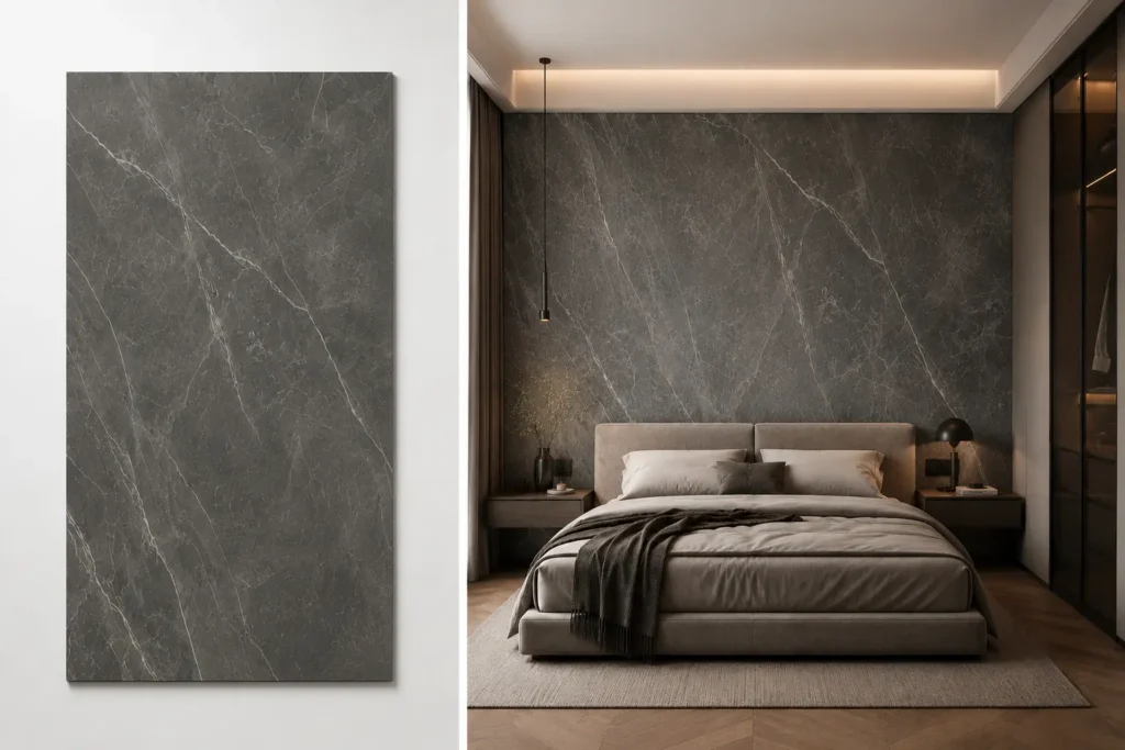 Whisper Graphite na ścianie w sypialni — płyta węglowa SPC matowa 280x122 cm