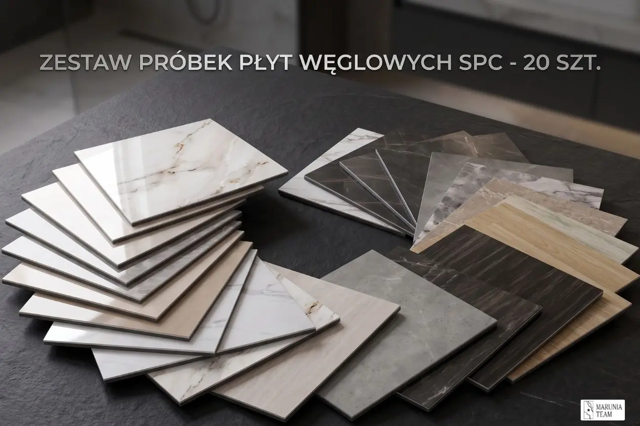 20 wzorów próbek płyt węglowych SPC ułożonych obok siebie na stoliku - Marunia Team